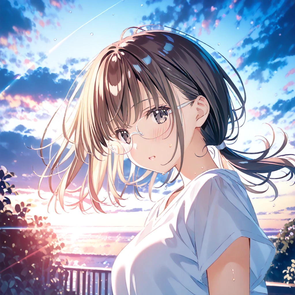 by mitsumi misato, by carnelian, by kantoku, best quality, masterpiece, score_9,,,break,1girl, tomboy, glasses, short hair, low ponytail, medium breasts, black eyes,  beautiful detailed eyes,shorts, sweat, sleepily, outdoors, wind, (Detailed background), (Detailed Lighting),,break,(clear line illustration:1.2), super detailed skin,very high resolution, very aesthetic, Best sexual lighting powered by famous artist, 8k, 16k, cute picture,beauty illustration,photoshop_(medium),,(Detailed Lighting),best anime 8k konachan wallpaper, pixiv contest winner,