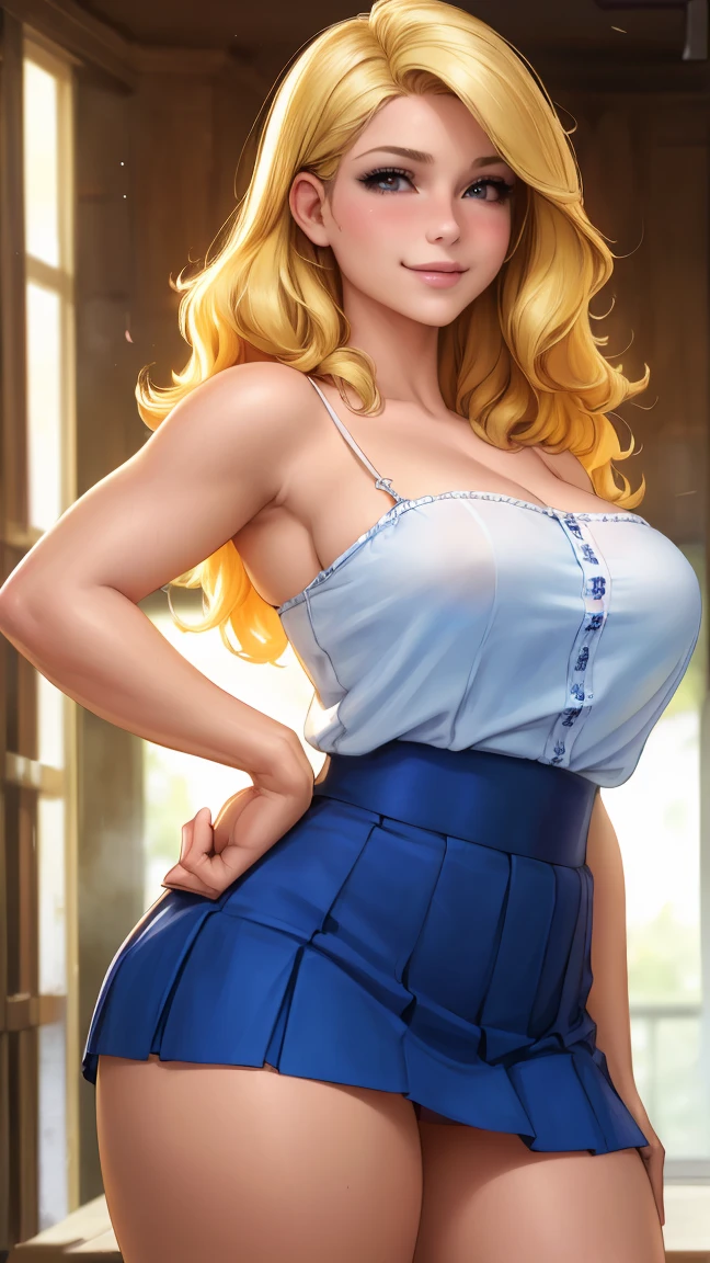 (best quality, ultra-detailed, photorealistic: 1.39), bright and vibrant colors, studio lighting, romantic expression, big breasts, pink lips, shy smile, just a blonde girl in a strap blouse, beautiful pleated skirt, wavy skirt