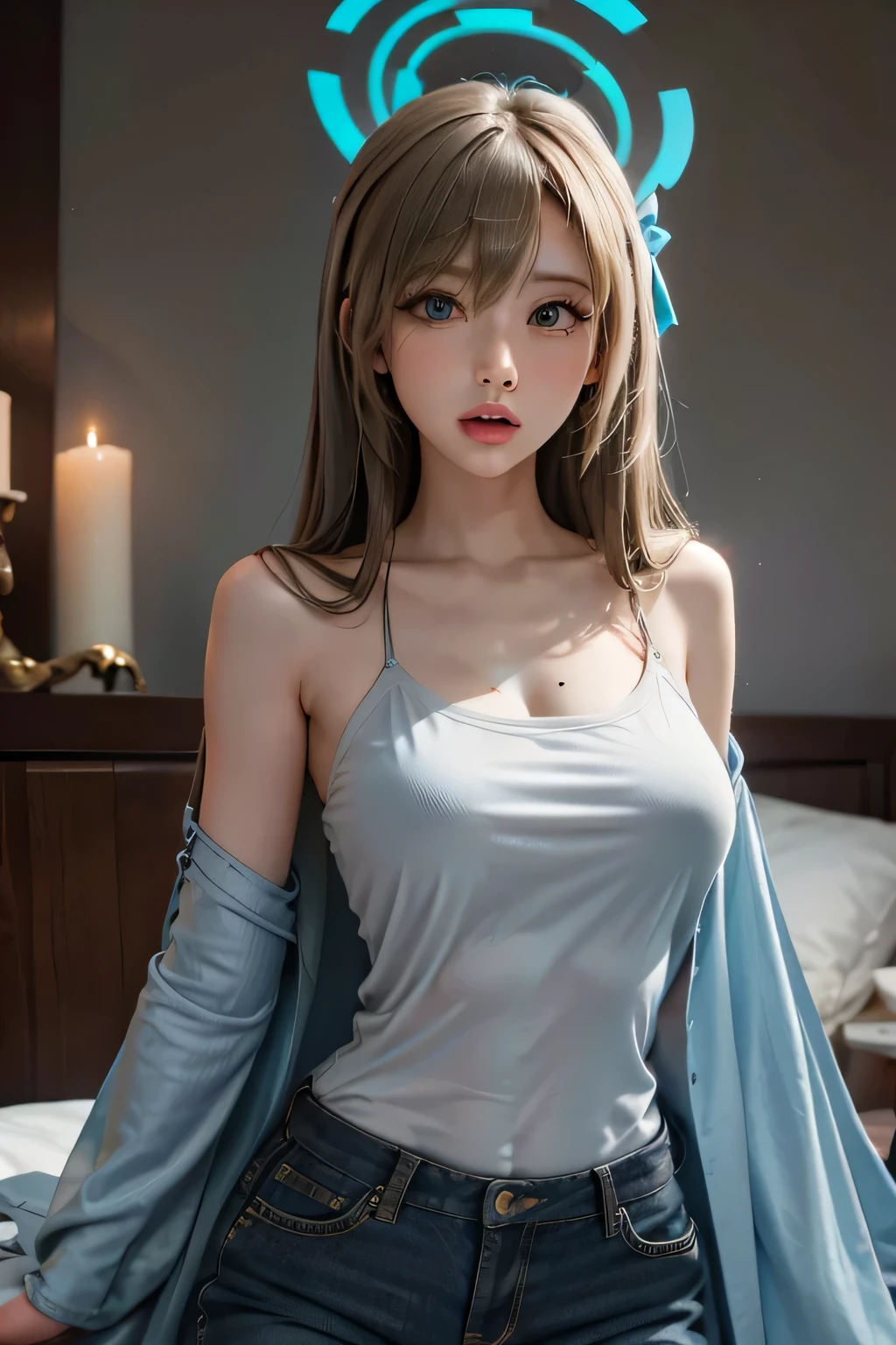 realistic, 1girls, Asuna Ichinose (blue archive), best quality, 12k, HD, long hair, big round breasts, slim hips, blue eyes, beige hair, bangs cover one eye, ahegao face, open towel, super detailed, Eye details , hair details, person details, mouth details, face details, breast details, clothes details, hair details, pants details, hand details, whole body