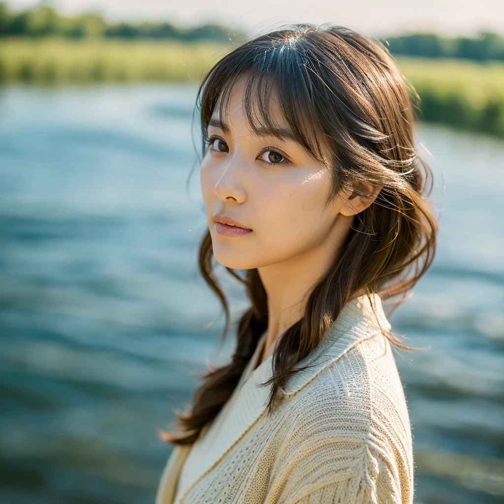 A hyper-realistic image of a single Japanese woman in her early 20s, captured with the nostalgic warmth and subtle graininess of a film camera, showing her from the shoulders up. The background features a gently flowing river, with soft reflections on the water surface that create a serene and natural atmosphere. Her skin has a warm beige tone with a natural, slightly rough texture that includes visible pores, fine lines, and subtle imperfections such as small blemishes, enhancing the authenticity of her appearance. The soft, diffused natural light complements the river background, casting gentle shadows that create a timeless, organic feel. Her hair is styled in various ways, from straight and flowing to wavy or slightly tousled, each strand catching the light in different ways. Her deep brown eyes reflect the ambient light, adding depth and emotion. The film camera effect introduces a slight grain and softer focus, giving the image a warm, nostalgic atmosphere while maintaining the realistic texture of her skin. She is dressed in a simple, elegant style that enhances her natural beauty, with every element designed to evoke a sense of genuine, understated elegance. The use of natural light, combined with the river background, diverse hairstyles, and film-like qualities, ensures that this image captures the imperfections that make her beauty truly lifelike.