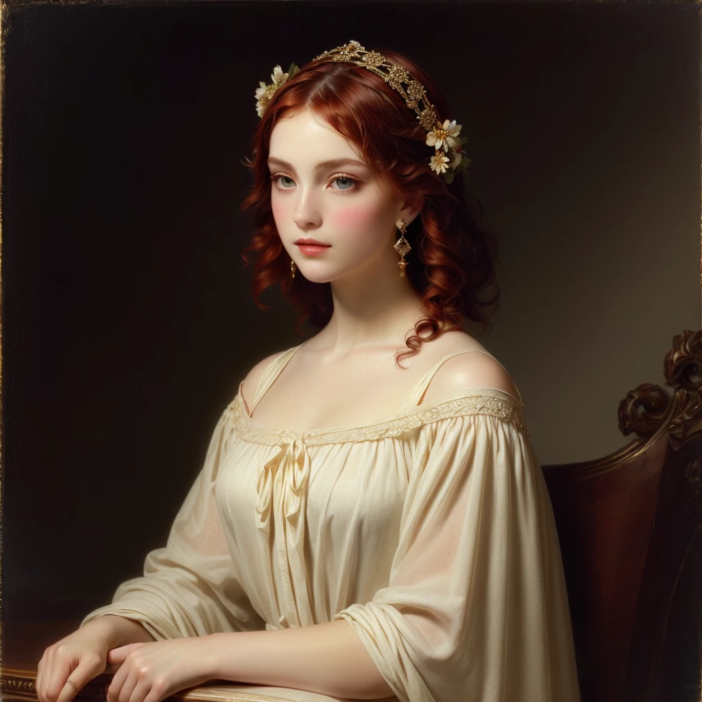 Curly red hair adorned with intricate hair accessories, including flowers and leaves. Wears a pair of elegant long earrings. Dressed in a soft, sheer fabric garment with delicate embroidery. The light source is from the front, creating a soft and warm atmosphere. The background is a dark, solid color, emphasizing the subject. The overall composition has a classical, timeless feeling.