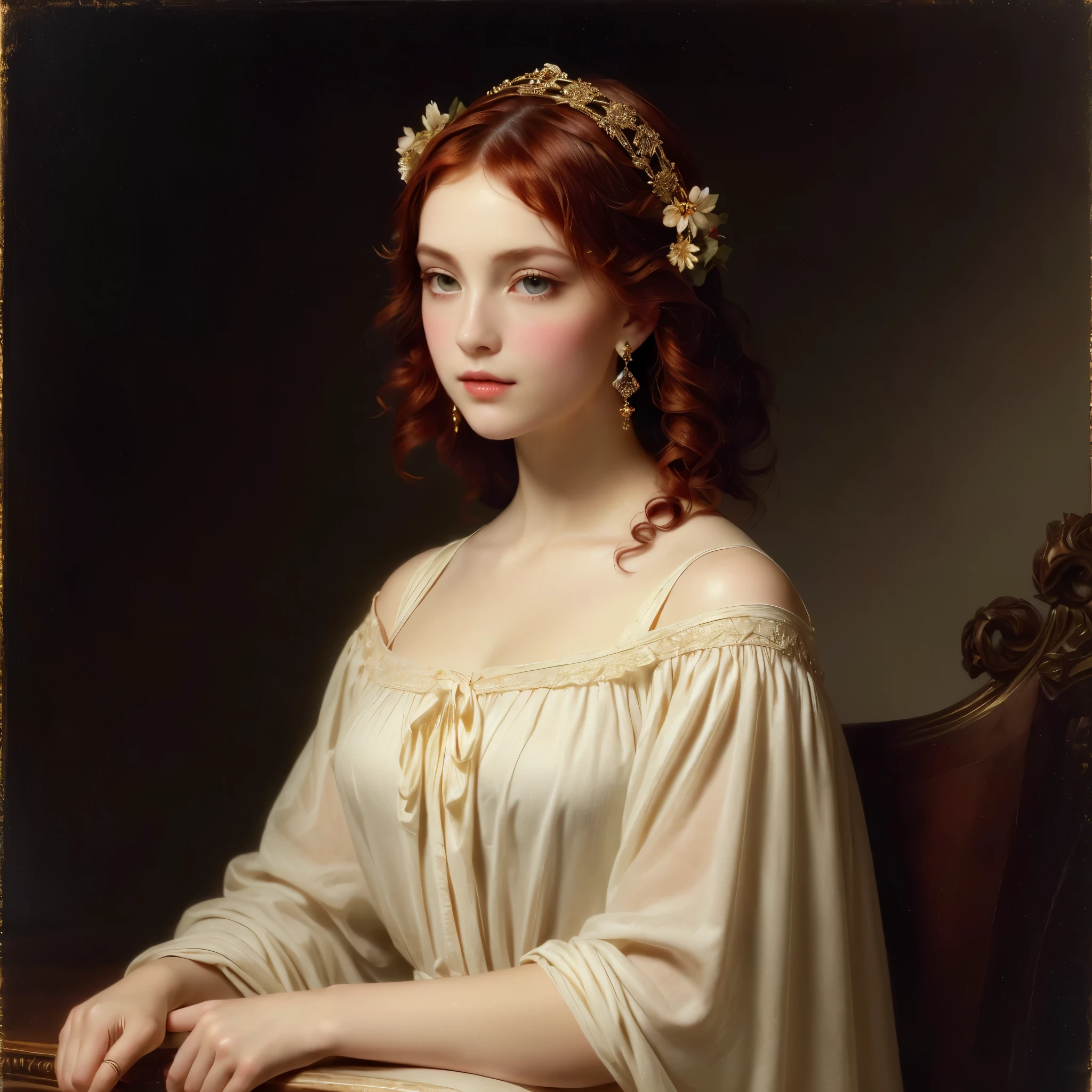 Curly red hair adorned with intricate hair accessories, including flowers and leaves. Wears a pair of elegant long earrings. Dressed in a soft, sheer fabric garment with delicate embroidery. The light source is from the front, creating a soft and warm atmosphere. The background is a dark, solid color, emphasizing the subject. The overall composition has a classical, timeless feeling.