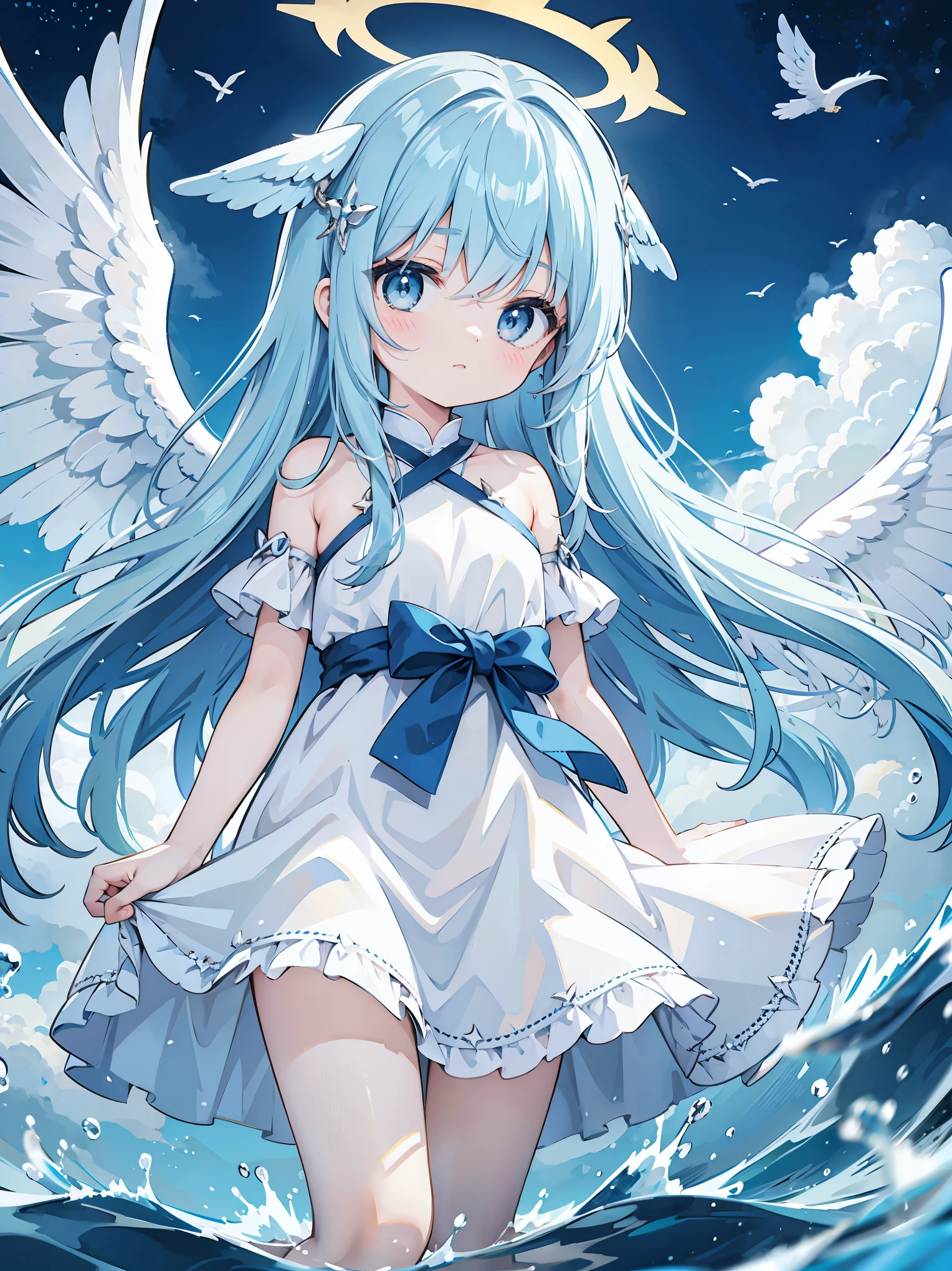 Long blue hair、Light wings on one side、Angel Halo、、Light wings on one side、On the Sea