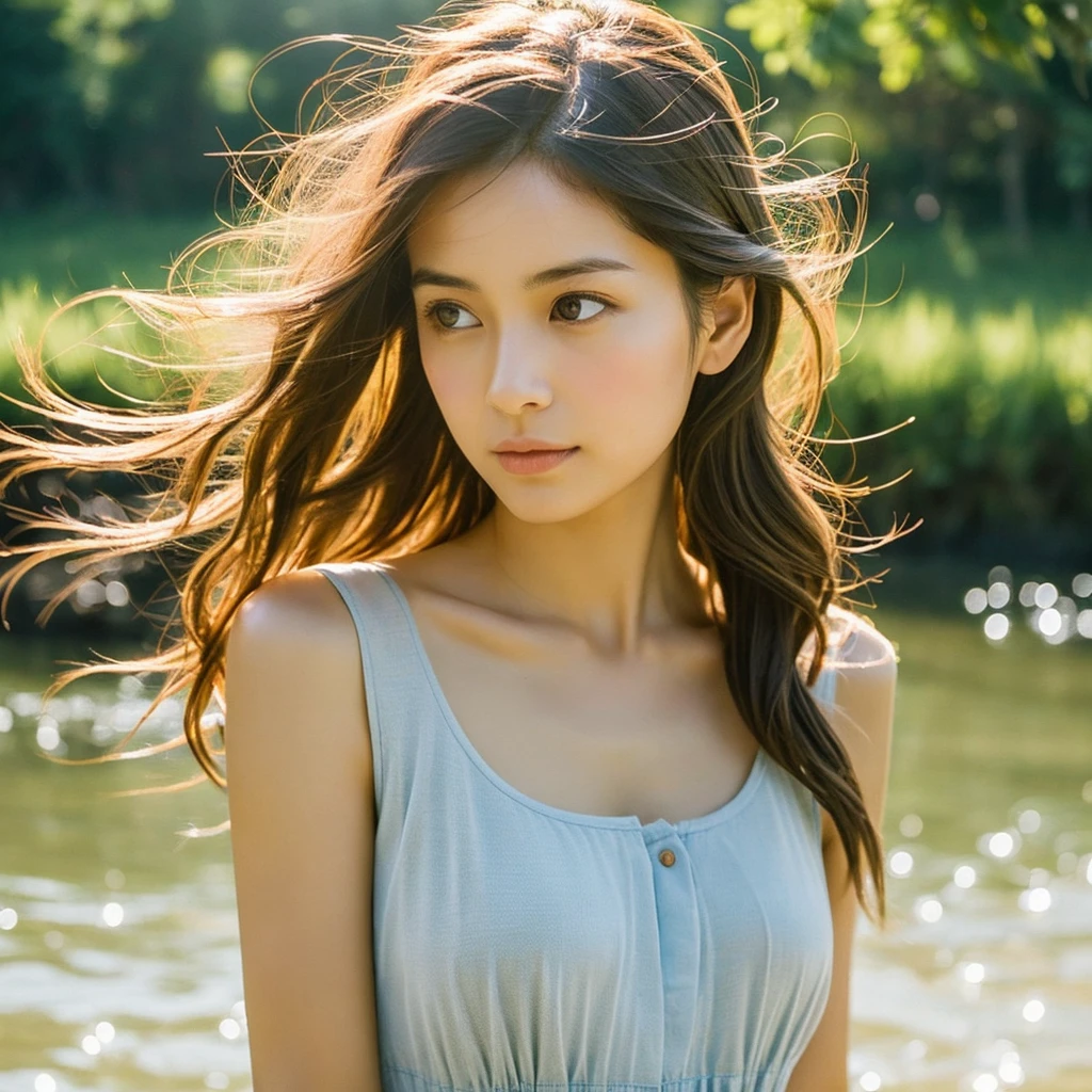 A hyper-realistic image of a single Japanese woman in her early 20s, captured with the nostalgic warmth and subtle graininess of a film camera. She is shown from the shoulders up, with a variety of hairstyles such as straight, wavy, or lightly tousled hair, each hairstyle catching the light in a natural, dynamic way. Her skin has a warm beige tone with a natural, slightly rough texture that includes visible pores, fine lines, and small blemishes, enhancing the authenticity of her appearance. She is wearing a range of summer clothing styles, such as a light, sleeveless dress, a casual T-shirt, or a delicate blouse, each reflecting the relaxed feel of a warm day by the river. The background features a softly flowing river, with light reflecting off the water’s surface, adding a serene, natural atmosphere. The soft, diffused natural light enhances the film-like quality, casting gentle shadows that create a timeless, organic feel. Her deep brown eyes reflect the ambient light, adding depth and emotion. The image retains the film camera effect with a slight grain and softer focus, preserving a warm, nostalgic atmosphere while maintaining the realistic texture of her skin. The overall composition is designed to evoke a sense of genuine, understated elegance, with every element focused on capturing the natural beauty of the woman and the tranquil river setting.