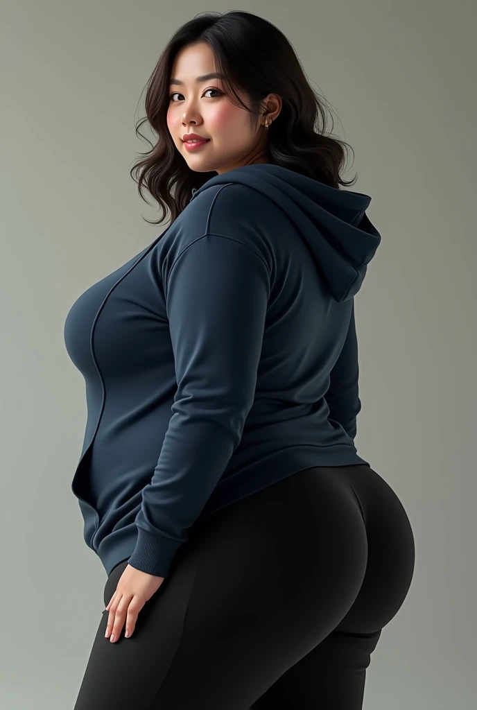 best quality, 8k, masterpiece, beautiful Caucasian woman wearing grey leggings and a grey hooded sweatshirt, thigh gap, chubby, curvy, perfect , petite, big green eyes, short purple hair, messy hair, detailed facial features, detailed, symmetry, cinematic lighting, realistic photo, scene in a living room
