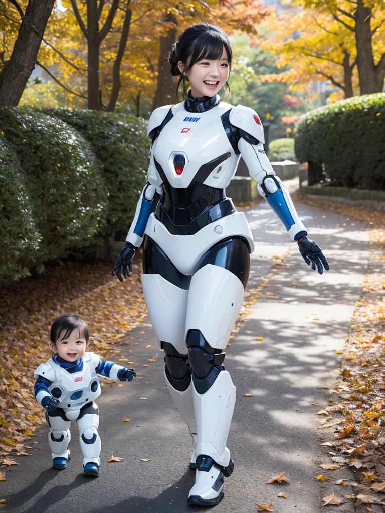 A Japanese female android mother and child walking through an autumn ...