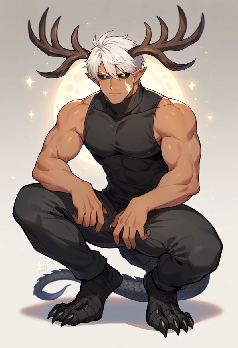 Solo, bara male teen, Character fusion: Nibelung fused with nidhoggr, odin and sun wukong, tall tanned man with wild unruly white hair, bangs on face, bangs, ((iridescent bismuth irises)), black sclera on eyes, long voluminous hair, spiky hair, pointy ears, fit , clawed fingers, black dragon tail, open haori, turtleneck tanktop, dark crystal antlers, exhausted expression, khaenr'ah abyss, draconic person, sovereign of the abyss, calamity incarnate,  full body