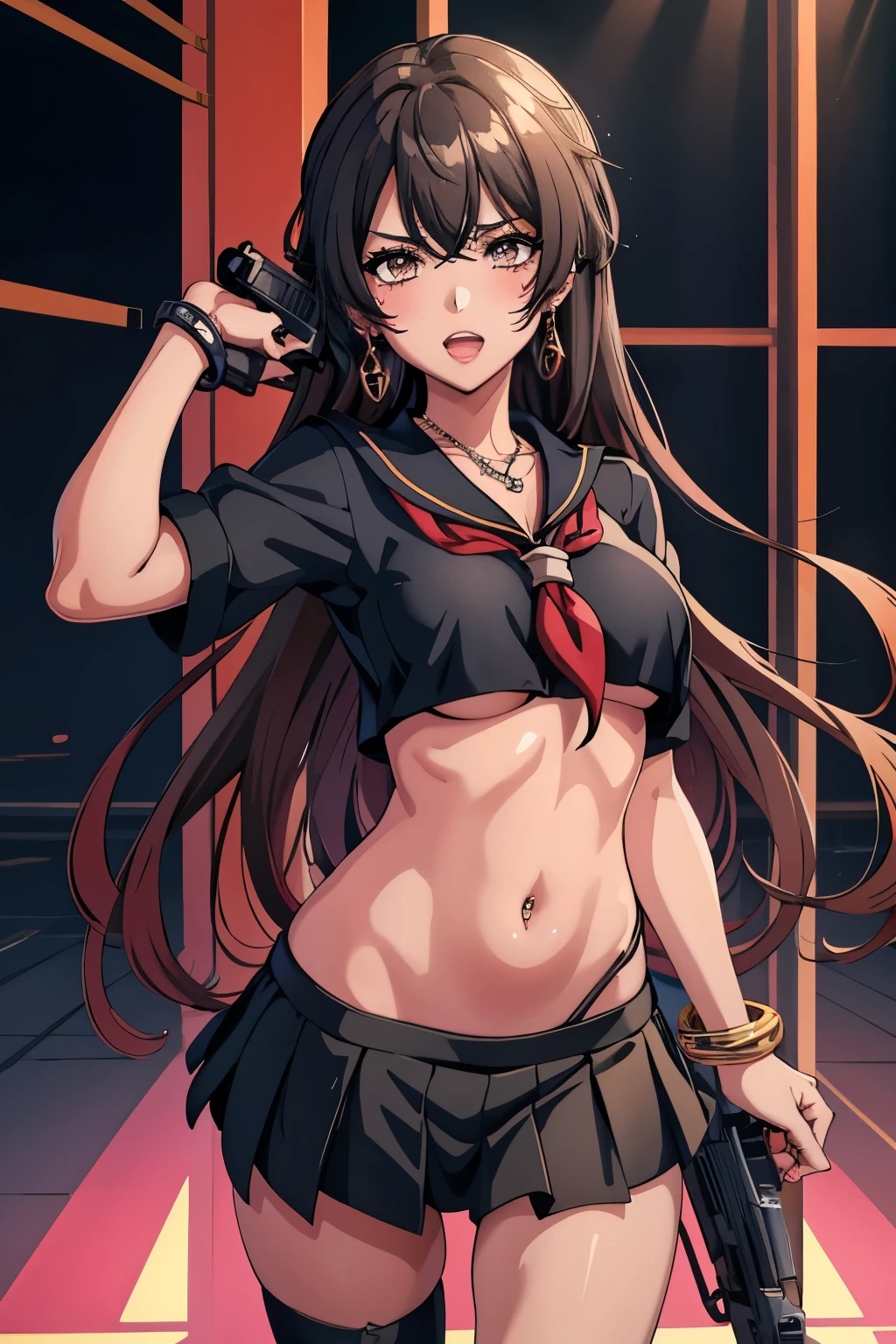 coashano, jewelry, earrings, parted lips, necklace, shiny hair, bracelet, makeup, long hair, medium breast , Hot girl, baddie, bad attitude, mean girl, crazy, smoking, sensual, attractive, blush, lipstick, masterpiece, best quality, highly detailed, a anime girls in sailor uniforms with a gun posing for a picture,
evil smile, smile, open mouth,black_serafuku, ecchi anime style, anime girls , (nsfw) not safe for work,
ecchi style, ecchi, shipgirls, digital anime art!!, high school girls, holding a gun, hold a gun, anime style 4
k, micro skirt, exposed belly, exposed navel, exposed midriff, holding pistol,underboob,
exposed lower belly,school, classroom, navel piercing