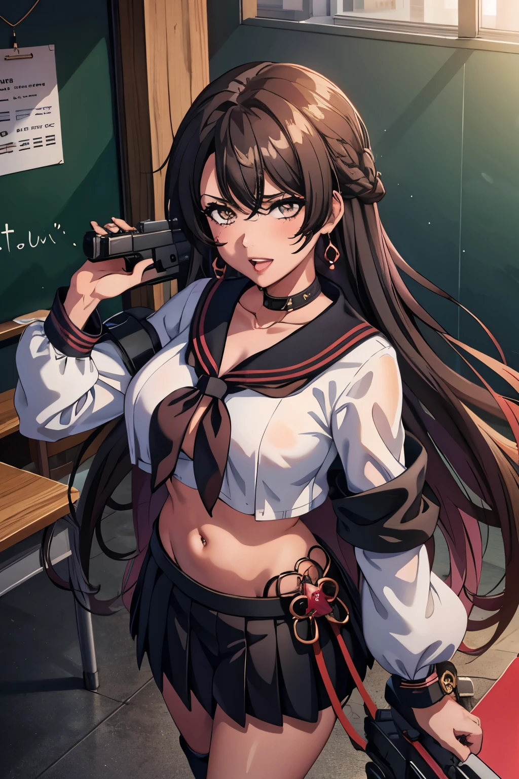 coashano, jewelry, earrings, parted lips, necklace, shiny hair, bracelet, makeup, long hair, medium breast , Hot girl, baddie, bad attitude, mean girl, crazy, smoking, sensual, attractive, blush, lipstick, masterpiece, best quality, highly detailed, a anime girls in sailor uniforms with a gun posing for a picture,
evil smile, smile, open mouth,black_serafuku, ecchi anime style, anime girls , (nsfw) not safe for work,
ecchi style, ecchi, shipgirls, digital anime art!!, high school girls, holding a gun, hold a gun, anime style 4
k, micro skirt, exposed belly, exposed navel, exposed midriff, holding pistol,underboob,
exposed lower belly,school, classroom, navel piercing