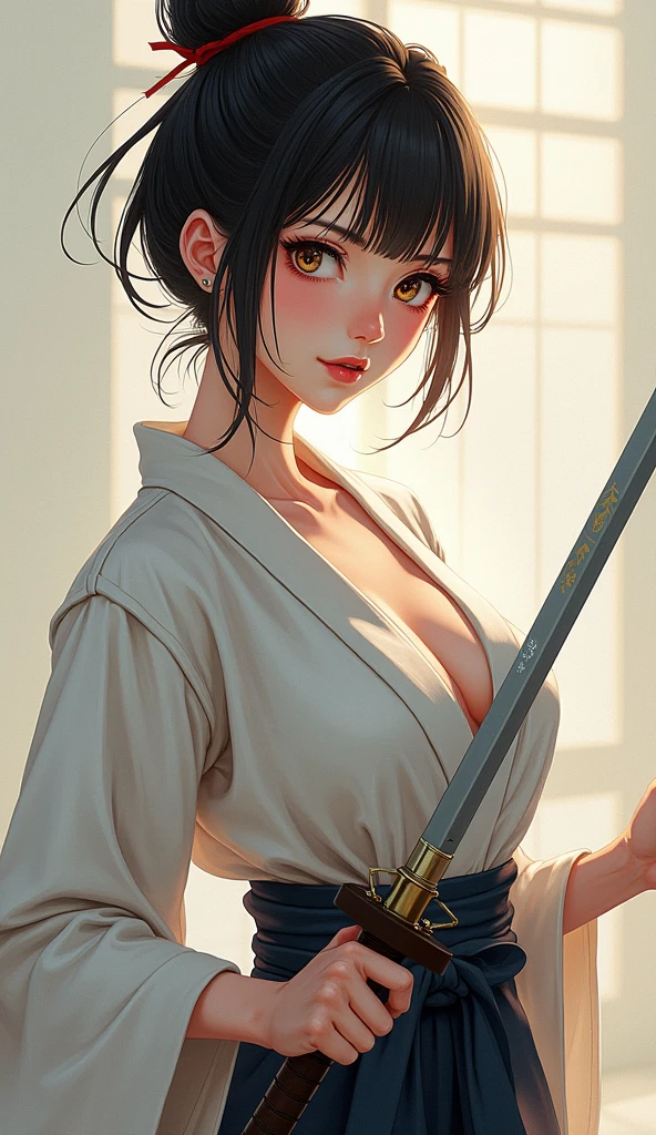 Samurai girl, short black hair tied back, wearing Japanese kimono and hakama, two Japanese swords across her waist, ((masterpiece, highest quality, Highest image quality, High resolution, photorealistic, Raw photo, 8K)), ((Extremely detailed CG unified 8k wallpaper)), (huge stunning goddess shot, very hot and sexy, jaw-dropping beauty, perfect proportions, beautiful body, slim body beauty:1.4),  