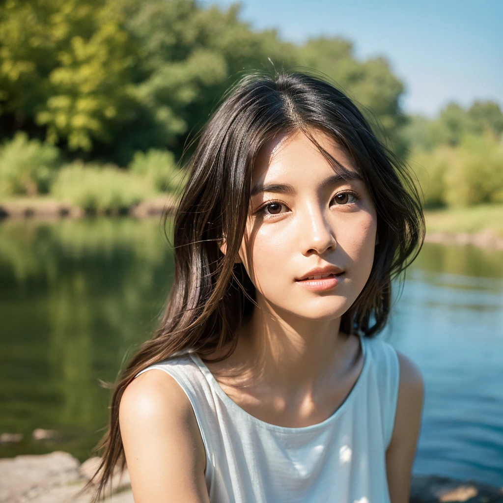 A hyper-realistic image of a single Japanese woman in her early 20s, captured with the nostalgic warmth and subtle graininess of a film camera. She is shown from the shoulders up, with a variety of hairstyles such as straight, wavy, or lightly tousled hair, each style catching the natural light dynamically. Her skin has a warm beige tone with a slightly rough, realistic texture, showing visible pores, fine lines, and small blemishes that add to the authenticity of her appearance. The natural light creates soft yet noticeable shadows across her face, emphasizing the contours of her cheeks, nose, and jawline, enhancing the three-dimensionality and realism of her features. She is wearing a variety of summer clothing styles, like a light sleeveless dress, a casual T-shirt, or a delicate blouse, fitting the warm season by the river. The background features a softly flowing river, with light reflecting off the water’s surface, adding a serene and natural atmosphere. The lighting is diffused but creates contrasting light and shadow effects on her face, revealing a balance of bright highlights and soft, natural shadows that capture the texture and details of her skin. The film camera effect, with its subtle grain and softer focus, preserves a warm, nostalgic atmosphere, while the light and shadow interplay adds depth and character. The composition focuses on capturing the natural beauty of the woman, the textured reality of her skin, and the tranquil river setting.