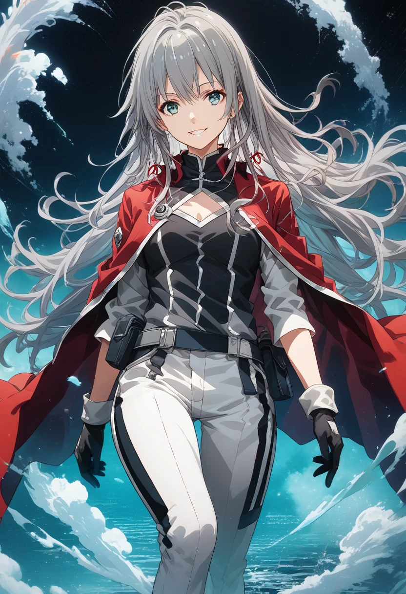 score_9, score_8_up, score_7_up, source_アニメ, Highly detailed wallpaper, One girl , Yukinoshita Yukino, smile,alone, Grey Hair, original_Costume,Red Cape,White pants, gloves, chest, uniform, large chest