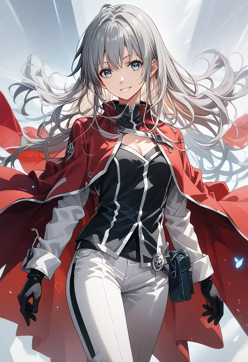 score_9, score_8_up, score_7_up, source_アニメ, Highly detailed wallpaper, One girl , Yukinoshita Yukino, smile,alone, Grey Hair, original_Costume,Red Cape,White pants, gloves, chest, uniform, large chest