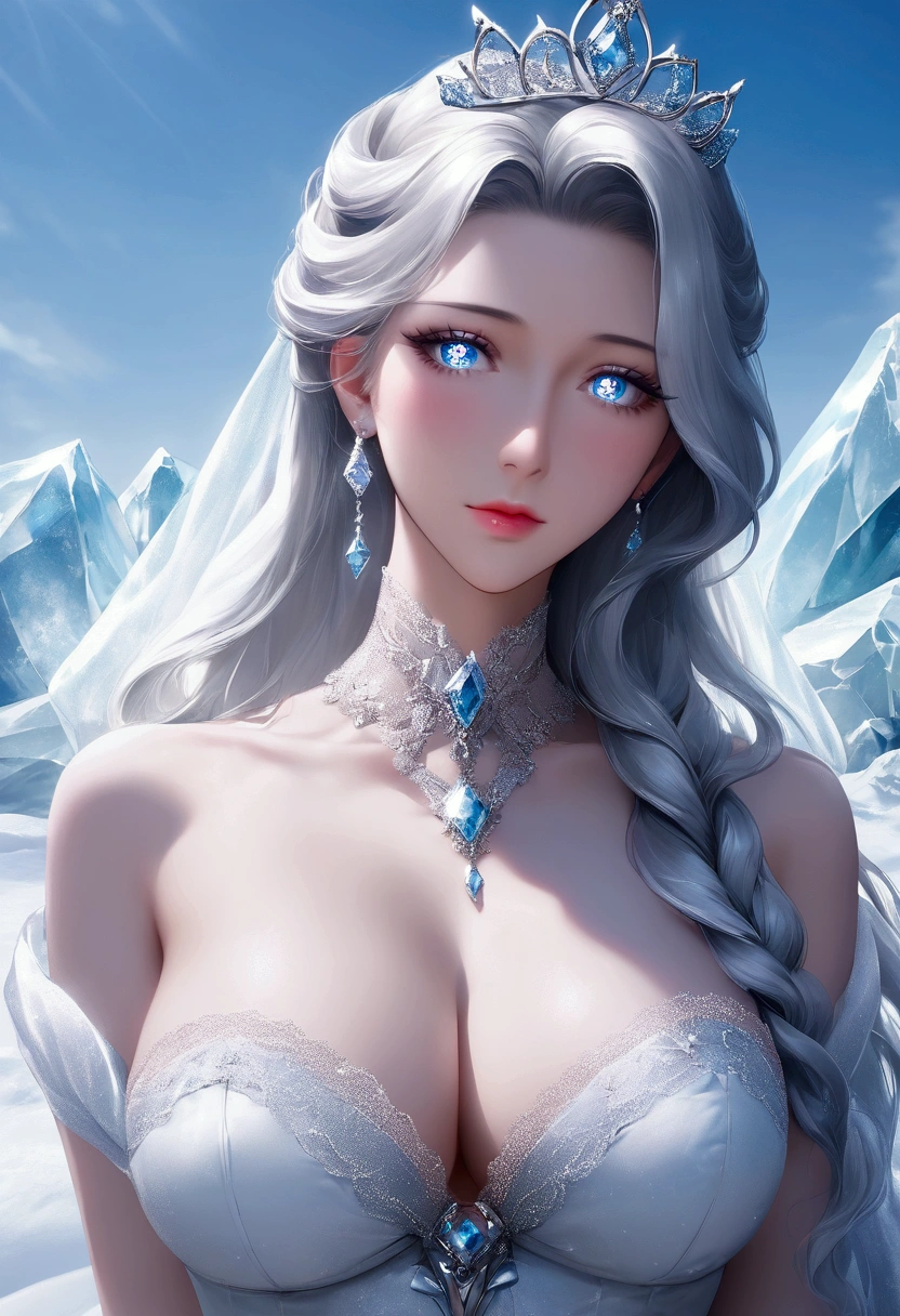 elegant ice goddess, body-hugging white dress, diamond crown, snowy mountains background, ethereal, fantasy, intricate details, photorealistic, 8k, detailed facial features, beautiful eyes, long eyelashes, sharp focus, dramatic lighting, glowing skin, flowing hair, ornate accessories, icy blue color palette, cinematic composition, dramatic atmosphere
