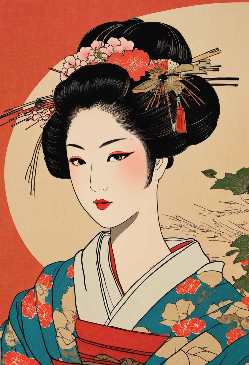 (Masseter Film、Highest quality、Ukiyo-e style、mystery、Exquisite and beautiful、Official Art、Sharaku:1.2)、(One Girl:1.3)、(Fractal Art:1.3)、Cowboy Shooting、Fair skin、(Beautiful brunette、kimono:1.2)、With traditional Japanese performing arts as a backdrop、colorful、(reel、Belongs to the Japanese style:1.2)、