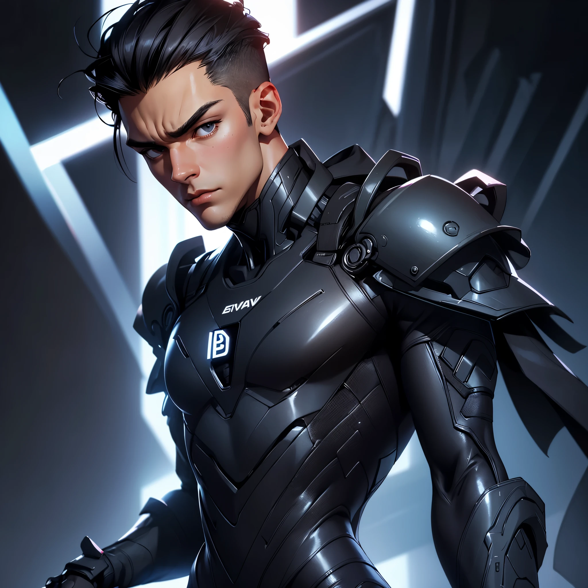 envision a 8k, highres, cinematic, detailed, semi realistic close up face pinup of a handsome Man, a slender muscular body, clean shaved, and sleek black hair, ((black eyes)), tight body suit, long jacket, cyber tight suit, (((1boy))), in dark lighting, against a dark background