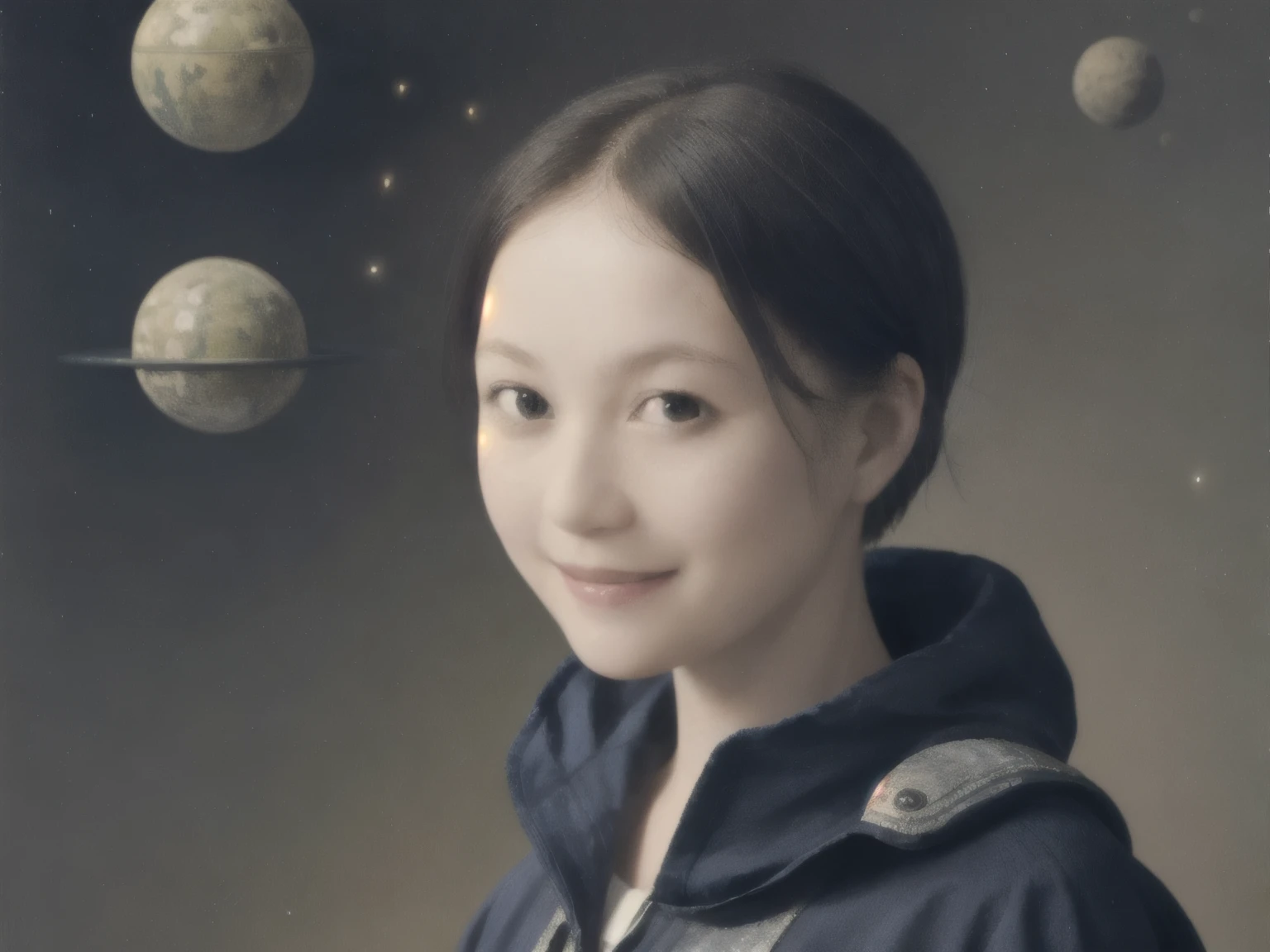 279 (20-year-old woman,short hair) , flower, Futuristic clothing, machinery suit, (The background is a galaxy and nebula), Old-fashioned smile