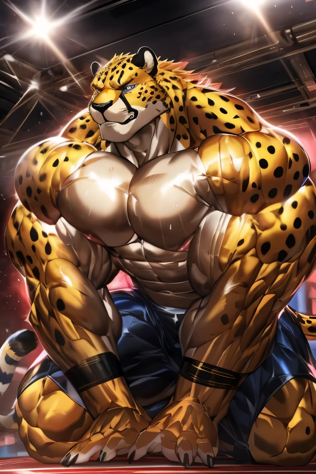 human nature, cannon, male, solitary, ((the strong,smart and masculine face,the most masculine daddy in the world,serious face)), ((huge cheetah,super massive muscular,super masculine,servant)),Feet facing the audience,((indoor)),thin clothes,Sweat:1.5,high quality, (4K,high quality, high resolution, masterpiece), cartoon,((by lindong,by magangz,by kusunagi)),sfw,live and clear eyes,have eyeballs