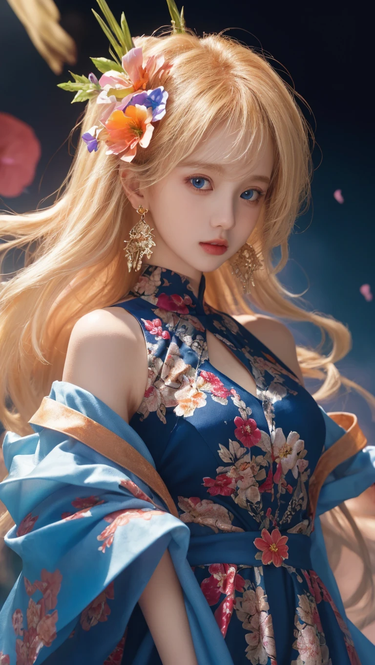 extremely high quality,1girl,PERFECT FACE,blond hair,hair ornament,blue eyes,see-through,print_cheongsam,jewelry,medium breasts,elegant,cowboy_shot,<lora:lbc_ST_print_cheongsam_XL:0.5>,movie grade light and shadow,simple background,human anatomy aesthetics,
