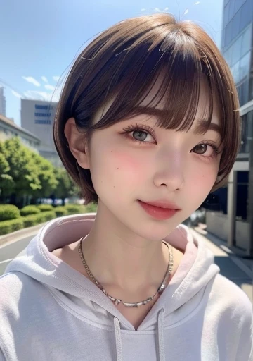 ((Highest quality))、(masterpiece:1.4)、RAW Photos、8k、((Best image quality))、 ((High resolution))、Beautiful face in every detail、Realistic human skin、Gentle expression、(One Woman:1.3 )、Realistic、Photorealistic、((cute))、(short hair:1.4)、(cute髪型)、(Beautiful woman)、(彼女はcute日本の女の子のように見える:1.3)、(mannish)、((Beautiful woman))、(Beautiful Hair)、(((Red cheeks)))、(Her eyes are big:1.3)、20 year old beauty、(Her face is small:1.3 )、Small Head、((Long neck))、Pale skin、Spotless Skin、With bangs、Everyone longs for、日本のBeautiful woman、((8 heads))、(necklace)、Happy expression、((hoodie))、garden、[[smile]]、