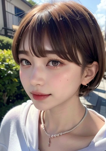 ((Highest quality))、(masterpiece:1.4)、RAW Photos、8k、((Best image quality))、 ((High resolution))、Beautiful face in every detail、Realistic human skin、Gentle expression、(One Woman:1.3 )、Realistic、Photorealistic、((cute))、(short hair:1.4)、(cute髪型)、(Beautiful woman)、(彼女はcute日本の女の子のように見える:1.3)、(mannish)、((Beautiful woman))、(Beautiful Hair)、(((Red cheeks)))、(Her eyes are big:1.3)、20 year old beauty、(Her face is small:1.3 )、Small Head、((Long neck))、Pale skin、Spotless Skin、With bangs、Everyone longs for、日本のBeautiful woman、((8 heads))、(necklace)、Happy expression、((hoodie))、garden、[[smile]]、