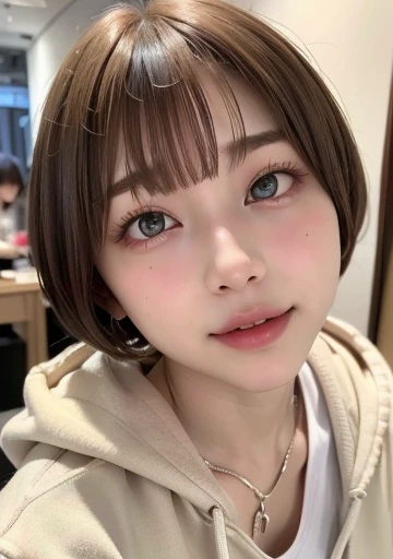 ((Highest quality))、(masterpiece:1.4)、RAW Photos、8k、((Best image quality))、 ((High resolution))、Beautiful face in every detail、Realistic human skin、Gentle expression、(One Woman:1.3 )、Realistic、Photorealistic、((cute))、(short hair:1.4)、(cute髪型)、(Beautiful woman)、(彼女はcute日本の女の子のように見える:1.3)、(mannish)、((Beautiful woman))、(Beautiful Hair)、(((Red cheeks)))、(Her eyes are big:1.3)、20 year old beauty、(Her face is small:1.3 )、Small Head、((Long neck))、Pale skin、Spotless Skin、With bangs、Everyone longs for、日本のBeautiful woman、((8 heads))、(necklace)、Happy expression、((hoodie))、garden、[[smile]]、