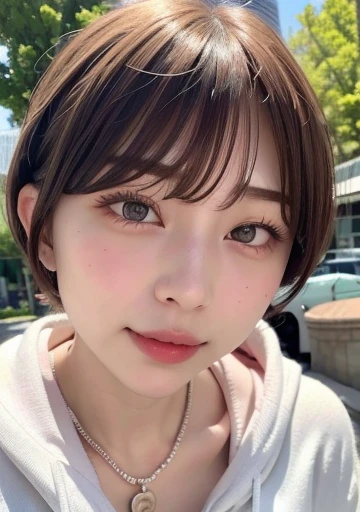 ((Highest quality))、(masterpiece:1.4)、RAW Photos、8k、((Best image quality))、 ((High resolution))、Beautiful face in every detail、Realistic human skin、Gentle expression、(One Woman:1.3 )、Realistic、Photorealistic、((cute))、(short hair:1.4)、(cute髪型)、(Beautiful woman)、(彼女はcute日本の女の子のように見える:1.3)、(mannish)、((Beautiful woman))、(Beautiful Hair)、(((Red cheeks)))、(Her eyes are big:1.3)、20 year old beauty、(Her face is small:1.3 )、Small Head、((Long neck))、Pale skin、Spotless Skin、With bangs、Everyone longs for、日本のBeautiful woman、((8 heads))、(necklace)、Happy expression、((hoodie))、garden、[[smile]]、