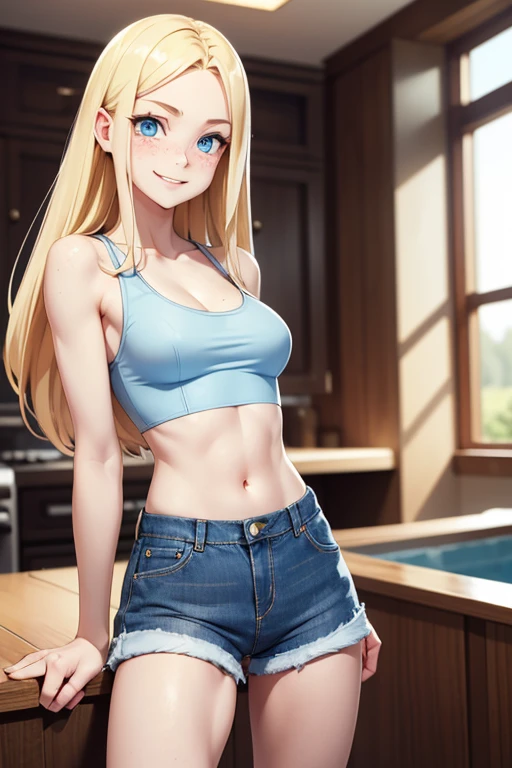 (best-quality:0.8), (masterpiece), very pale skin, long blonde hair, light blue eyes, feminine, freckles, petite, lean body, indoors, denim shorts, tight crop top, small breasts, cleavage, smiling, flirty face