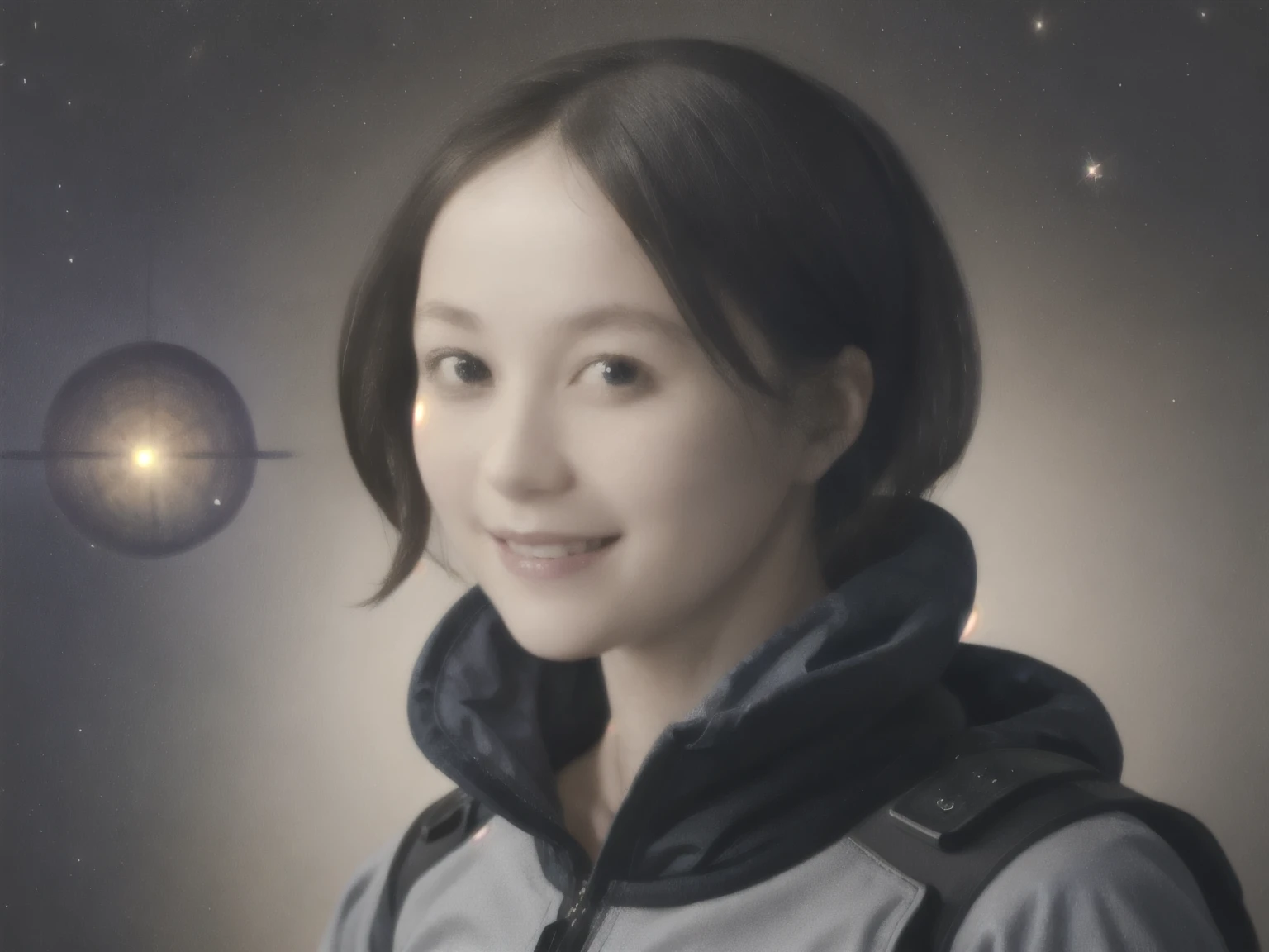 279 (20-year-old woman,short hair) , flower, Futuristic clothing, machinery suit, (The background is a galaxy and nebula), Old-fashioned smile