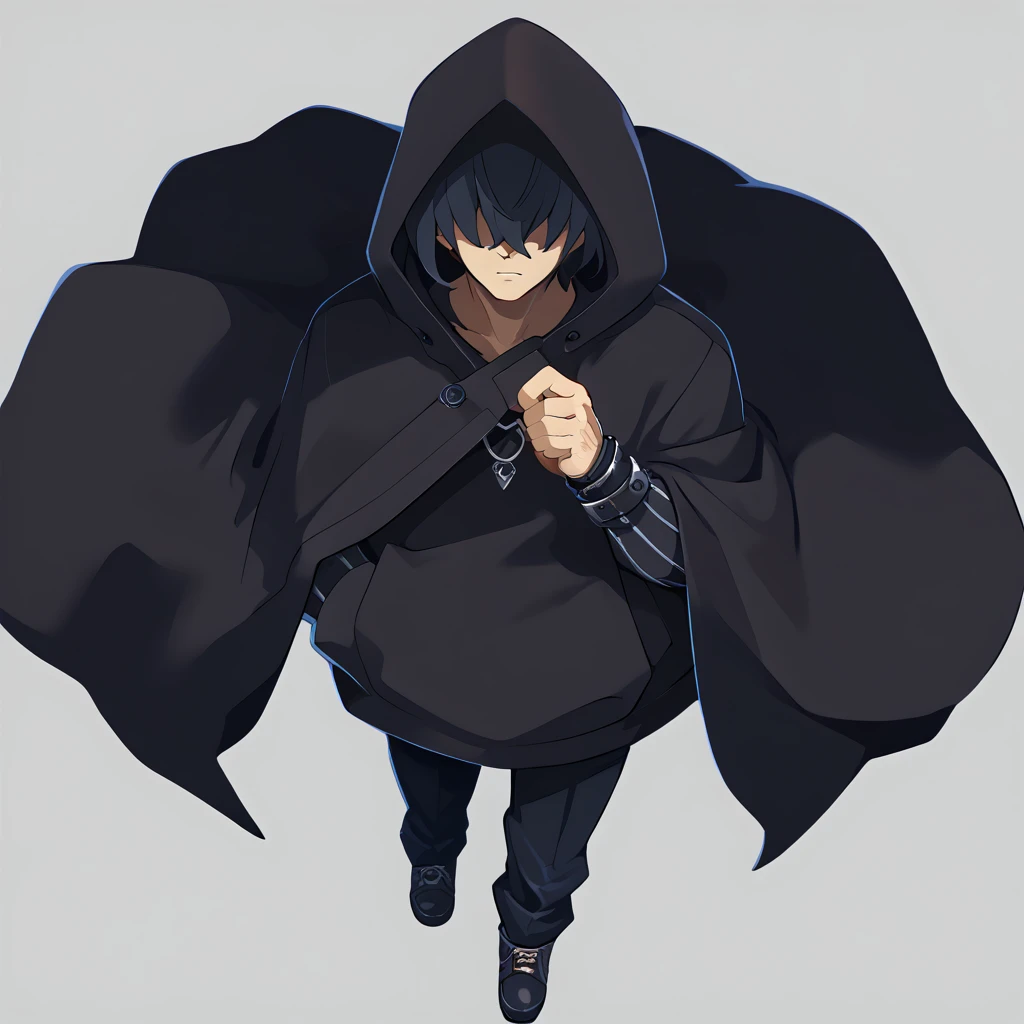 score_9, score_8_up, score_7_up, rating_explicit, source_anime, male focus, male, 1boy, rascal, bangs covering the eyes, Gothic style, dynamic angle, above angle, simple background, illustration, fanart