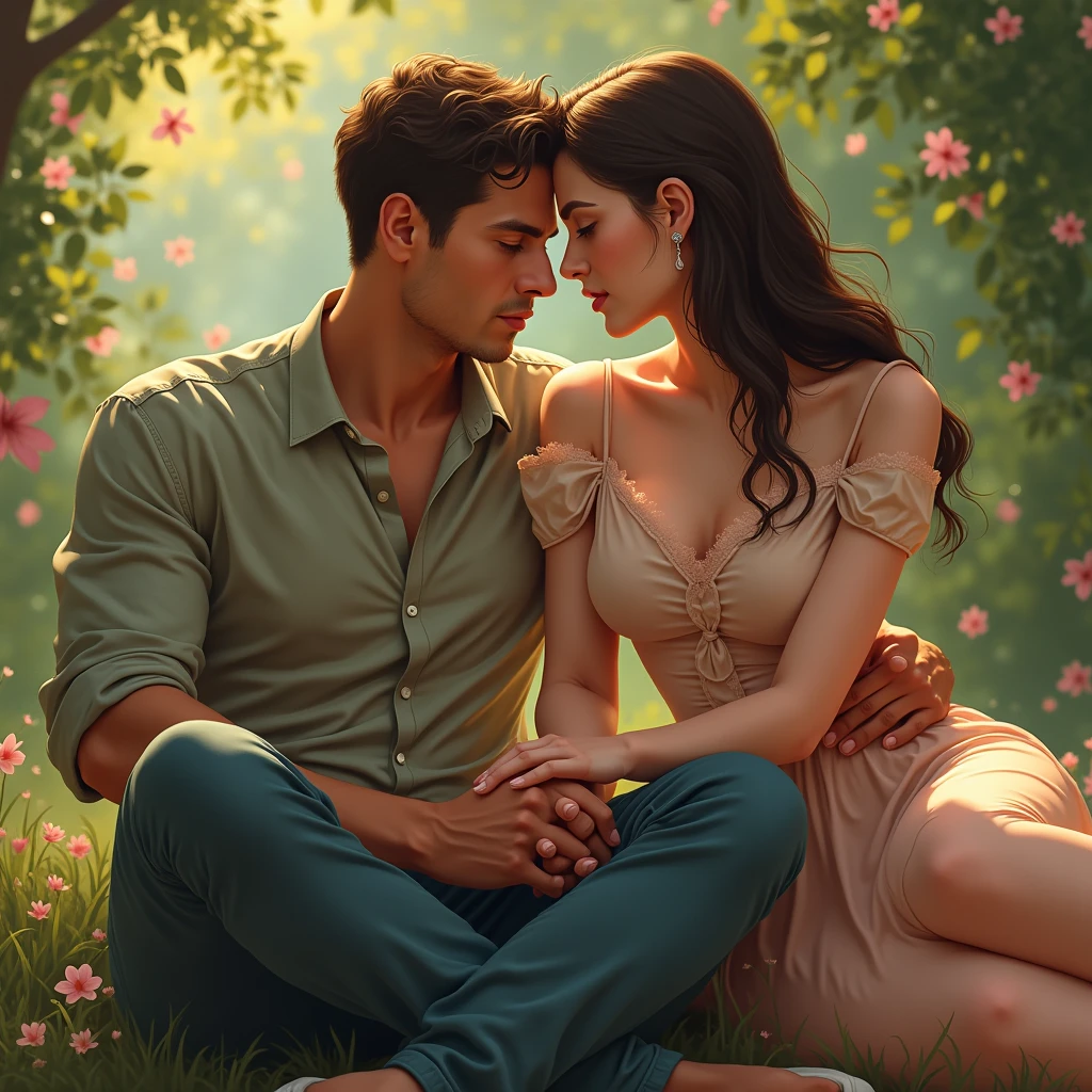 Real Pinay Pinoy couple man and woman man handsome with polo shirt and women beautiful dress sitting in grass man He was lying on the woman's thigh
