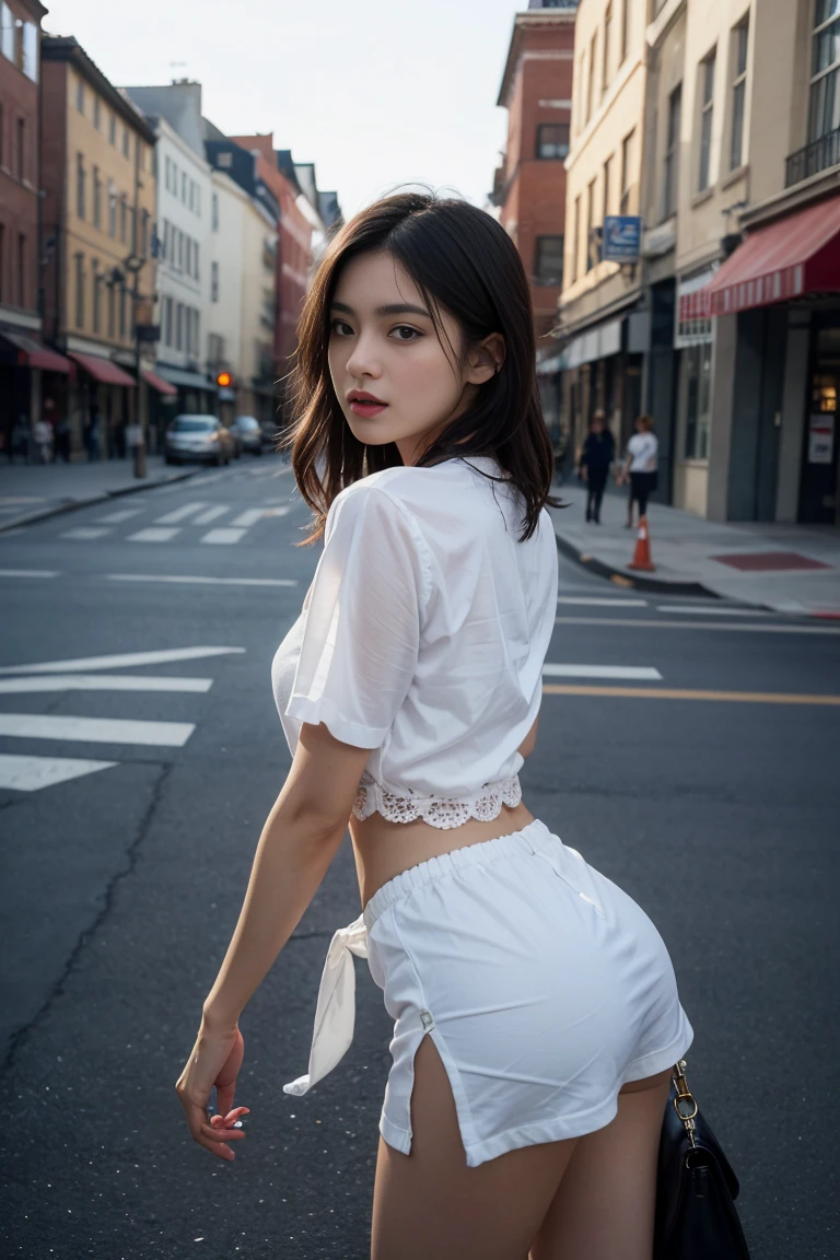 arafed woman in a floral dress standing on a city street, with short hair, beautiful south korean woman, beautiful young korean woman, gorgeous chinese model, korean women's fashion model, f / 1. 9 6. 8 1 mm iso 4 0, short hair, gorgeous young korean woman, cheongsam, beautiful asian girl, xintong chen, sha xi, sexy girl wearing shorts, korean woman, lit from behind, heavy makeup, hair ties, slightly open mouth, big eyes, glossy, very pretty face, slender waist, sex pack, light white hair,