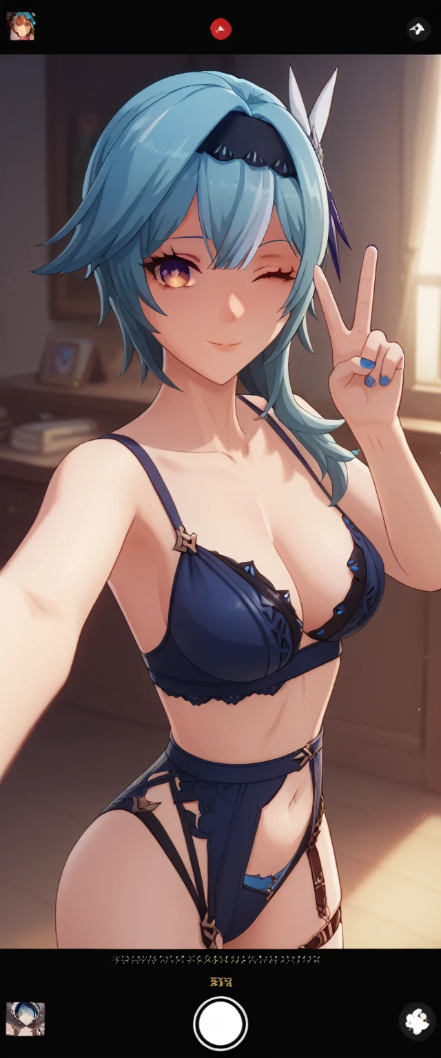 Eula Genshin Impact game style, 3D, sexy lingerie, selfie, user interface, fake screenshot, viewfinder,smiling,one peace sign,winking 