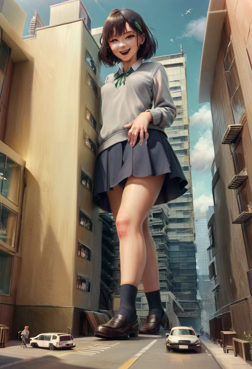 巨大なchild、Super giant girl、child、girl、giantess、Realistic、Japanese women、Navy blue grey sweater、Navy Skirt、Green ribbon、Brown loafers、A woman bigger than the building、smile、Laughing with your mouth open、Villainess、Miniature city、Destroyed city view、Small breasts、short hair、Dark Sky、Dark Imagery、Miniature cityにしゃがみ込む巨人娘、Detailed Description、High resolution、Black Cloud、lightning、thunder、Hurricane