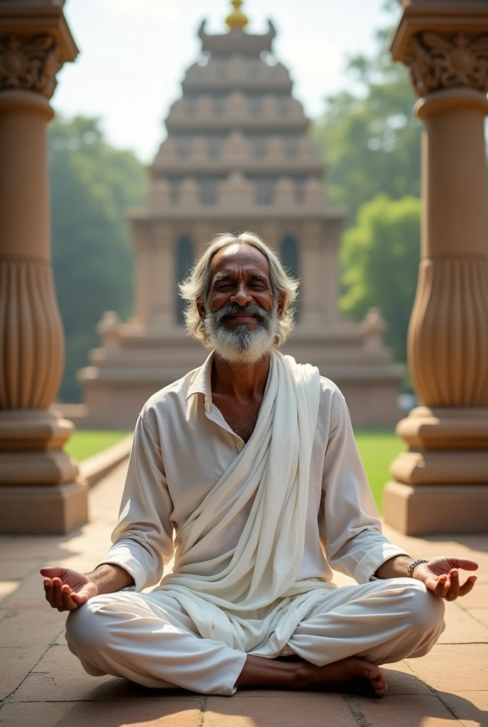 40 years boy in white lungi and shirt in meditation background in sigandur chowdeshwari temple here are bad long face come full natural in smile face