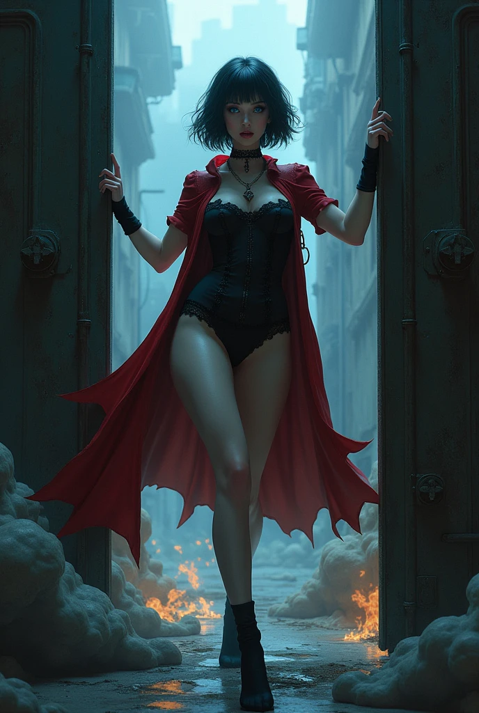 Sexy girl lingerie short black hair blue eyes big bib butts muscled stockings boots undead vampire lifts a gangster with super strength above her head smiling with fangs her whole body is full of bullet holes that are crushed against her impenetrable steel skin and the bullets fall to the ground deformed she has a long red cape completely riddled with bullets