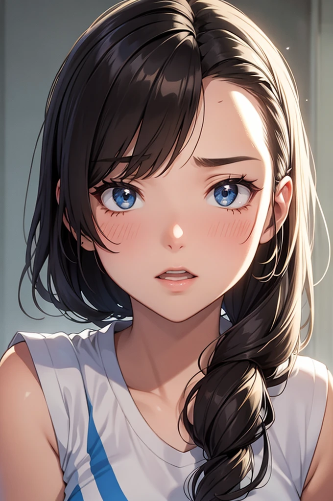1girl,from above,t-shirt,upper body, simple_background, <lora:DIno_v2-000010:1>