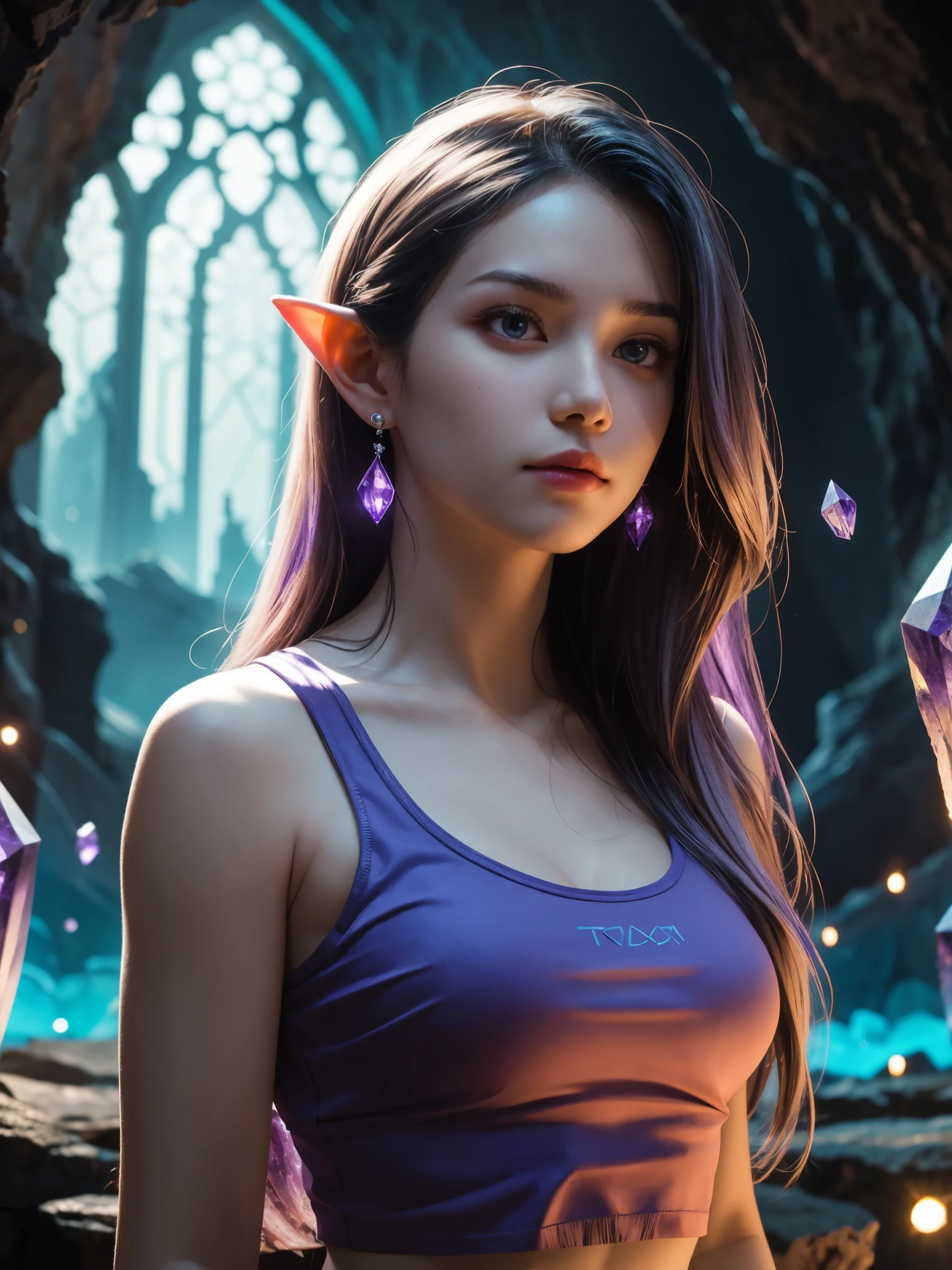 girl, tech wear cropped tank top, long pointy ear, detailed face, looking at viewer, long hair, soft diffused lighting, high bloom, glowing light, soft highlights, overexposed edges, dreamy illumination, futuristic style, inside amethyst cave, walls are made of amethyst crystal, amethyst and black tourmaline, huge amethyst chandelier,