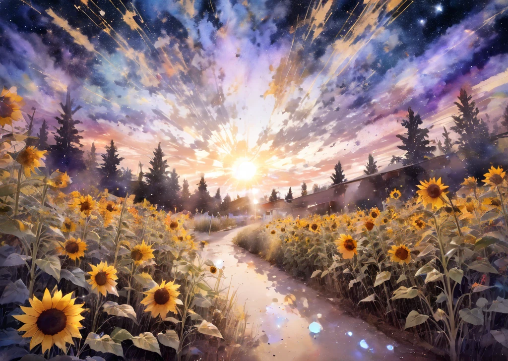 Rabbit, sunflower, 周囲にはsunflower畑, masterpiece, Highest quality, Super detailed, Very detailed, Full HD, 16K, Absurd, Huge scale, Golden Ratio, Wide-angle lens, Milky Way, landscape, In space, In complex style, A vibrant academia, pastel academia, Soft Surface, Dreamy watercolor painting, Splatter Watercolor, From above, Warm lighting, Pinhole camera, Deep Focus, Depth of written boundary