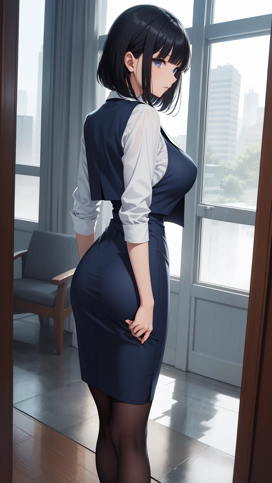 woman,smile,Bob Hair, Dark brown hair,Large Breasts,skirt,Company Office