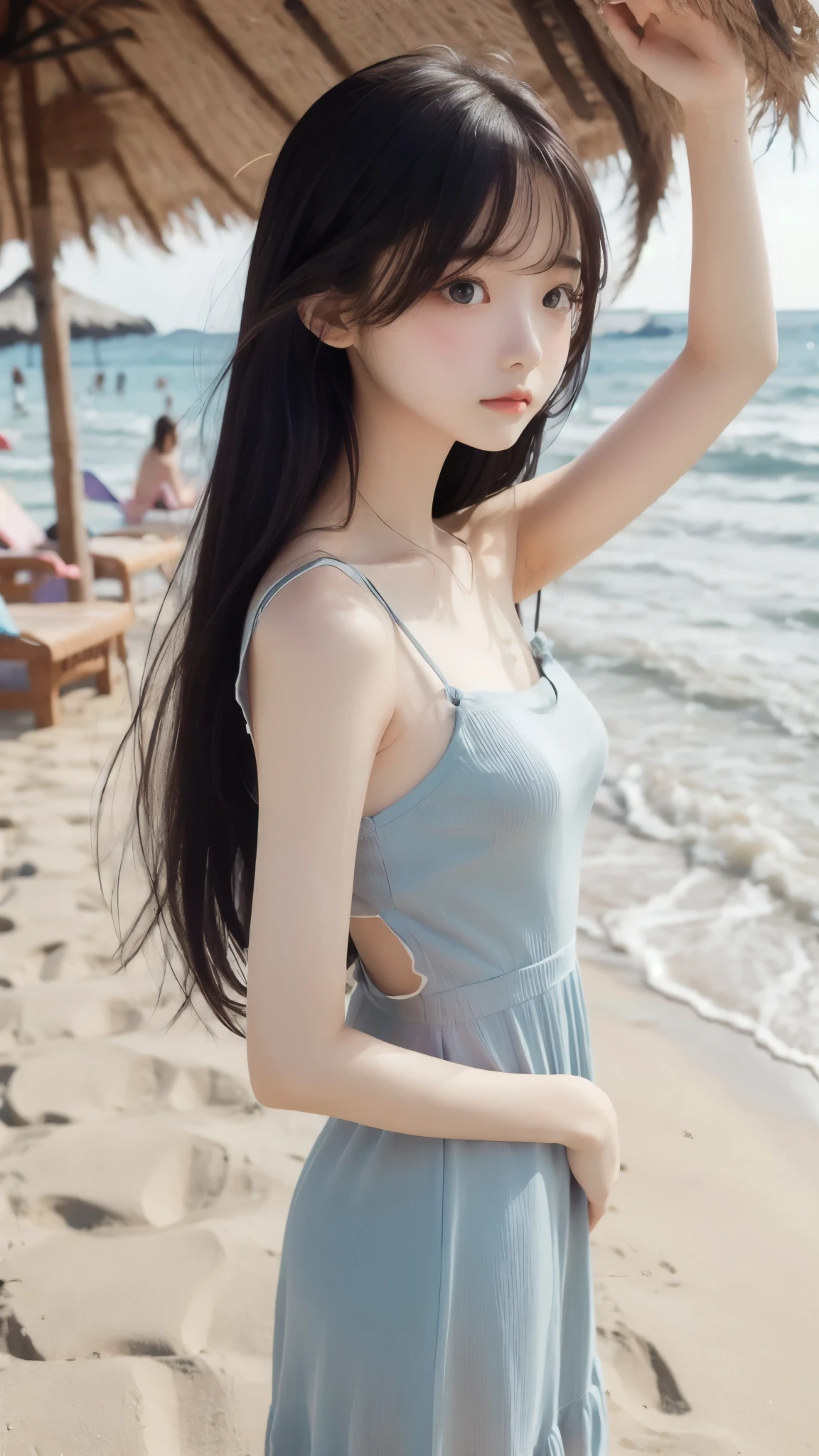 master piece , best quality , detailed , woman , bangs , dresses , standing , hands up , armpit , (from side) , beach