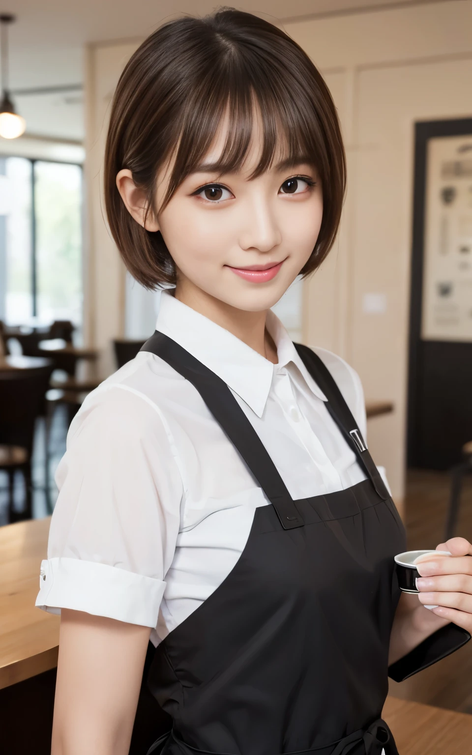 Yumi Hiromi, Photos of Korean sexy women, Japan amateur, Amateur big,  Photos of Japan, , 1girl in, 独奏, shorth hair,  Provocative facial expressions, dark brown eyes, (perfect glossy shiny skins:1.3), (1girl in), 独奏, (8K, Raw photography, top-quality, ​masterpiece:1.2), (Photorealsitic:1.37), (Exquisitely detailed), Ultras_Color, (realisitic), hightquality, ultra-detailliert, (real looking skin), (intricate-detail), (Dramatic_light), (Beautiful_Detailed_light), lensflare, Ultras_Color, , Professonal lighting, photon maping, hight resolution, ighly detailed, lighting like a movie, (beautiful tbig eyes)、Green_Eyes, cute  face, Blush face, Light smile, High Nose Bridge, [:(详细的脸:1.2):0.2]、shinny eyes、(pureerosface_v1:0.2), (ulzzang-6500:0.8)、(a 20 years old beautiful Japanese woman)、(A perfectly proportioned face)、(lofty nose)、Beautiful composition、(slim)、de pele branca、(Cute)、、nice hand、perfect hand、((cafes))、(large full breasts)、looking at the viewers、steaming body、(shinny skin)、(A smile:1.1)、red blush, (Best Quality, 8K, 32K, :1.2),Cute Japan woman in her 20s,((short-hair))(Cafe Clerk)((Collared shirt))(skirt by the)(Stand with your knees slightly bent)(Black Apron)((Black pantyhose))(Working in a café)(I came to the customer's table to listen to the order)