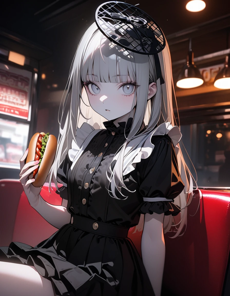 (8K, best quality, master piece: 1.2),super high resolution,1 girl,solo,16yo,ultra-detailed face,detailed eyes,silver eyes,blunt bangs,silver hair,Straight hair,Long hair,pale skin,short sleeve white petal collar blouse,black tiered skirt,(black Fascinator),expressionless,lash extension,parted lips,(holding a hot dog),Cinema lighting,Looking at viewer,sitting on chair,indoors American Diner cafe