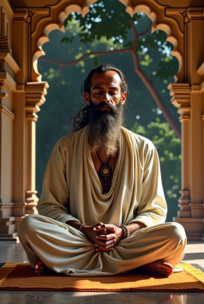 30 years boy in guruji cloth in meditation background in sigandur chowdeshwari temple here are bad long face come full natural 