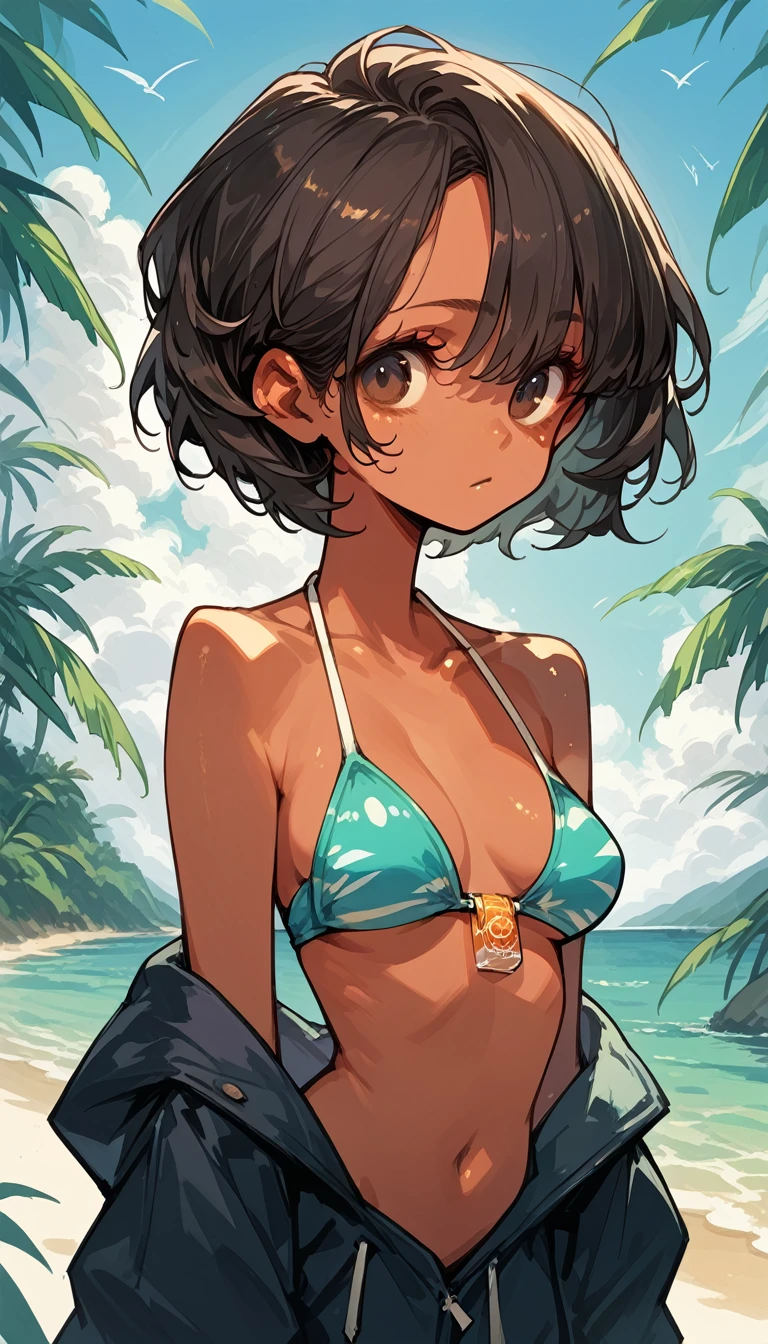 Japanese,Innocent face,Teenage Girl,cute,marble cute micro bikini,Close-up photo from the waist up,double bun,blunt bangs,short hair,Hair Clip,(blush)