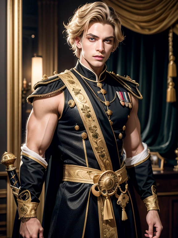 A surprisingly handsome young man - a prince in a black and gold robe . crown on head , sword on the belt! excellent arm and chest muscles ! blonde hair , emerald eyes . very young and cute !expensive sparkling decorations of the crown and his clothes ! masterpiece, high quality, Best quality , very detailed, Ultra detailed, aspect ratio 9x16, marketing cover, impressive visual effects, clean layout, contrasting colors, bold fonts, Sleek design, Stunning graphics, attractive, modern look, eternal appeal, extremely detailed, extremely complex, photorealistic,