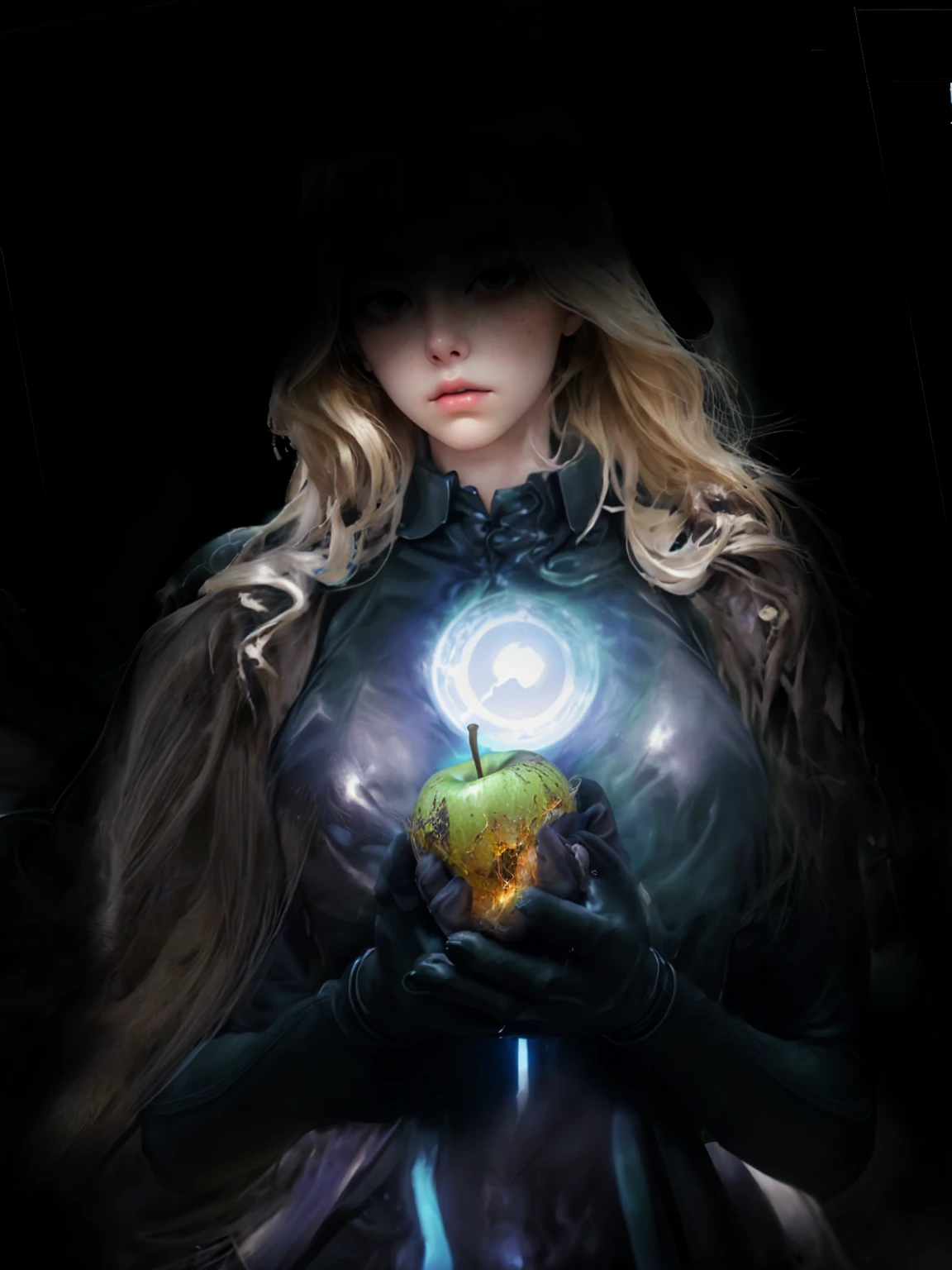 The image shows a young woman staring blankly at the viewer. , surrounded by a pitch-black background with mist . She has long golden hair, and a calm expression. Holding a rotting, greenish, bitten apple in both hands and resting it on his chest. He wears a tight black suit with a core in the center that resembles a dragon&#39;s eye that emits a blue and green light.. The surroundings are covered by a black mist that hides much of their faces and highlights the illuminated core even more. .High resolution, Long hair, , looking at the viewer, blush, smile, blue eyes, blond hair, masterpiece, anatomically correct, The best quality, looking at the viewer,  body and face from the front 1 girl, foreground, perspective, Strioscopy (texture), Bust chart, Vista 360, breasts, foreground borroso, perspective atmosférica, macro photo, 