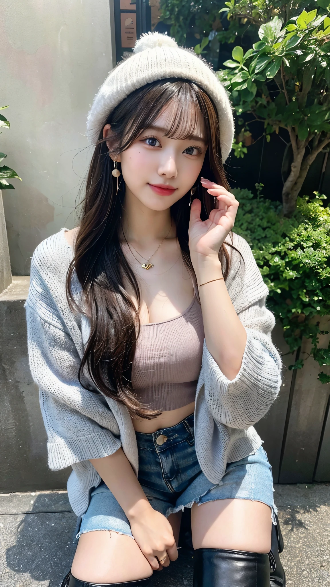 (32hair,High resolution,Attention to detail,High resolution,high density,alone,In addition:1.3),(A realistic person々,Live Action,fine grain,High resolutionの目,Beautiful Eyes,Eyes that look alive,Beautiful dark blue eyes,Fishing eyes,Detailed lips,Translucent white skin,Realistic face in every detail:1.3),(Japanese Ido,hairorean Idols,Japanese Model,hairorean models,hairorean hair-Pop Female Idols:1.2),(blush,Natural Makeup,necklace,Earrings,へそEarrings:1.4)(Shorts、Oversized mesh cardigan、Leather boots,hairnitted hats,Mode Style, Beautiful casual look:1.6),(Shapely breasts:1.5),(Young but very beautiful hairorean1 ,smile、Fashion Leader,Fashion Model,Soft Skin,Her eyes are so beautiful,I want to go to the Paris Collection.........,Cutting-edge fashion:1.6、Left eye is red、Right eye blue、Face close-up