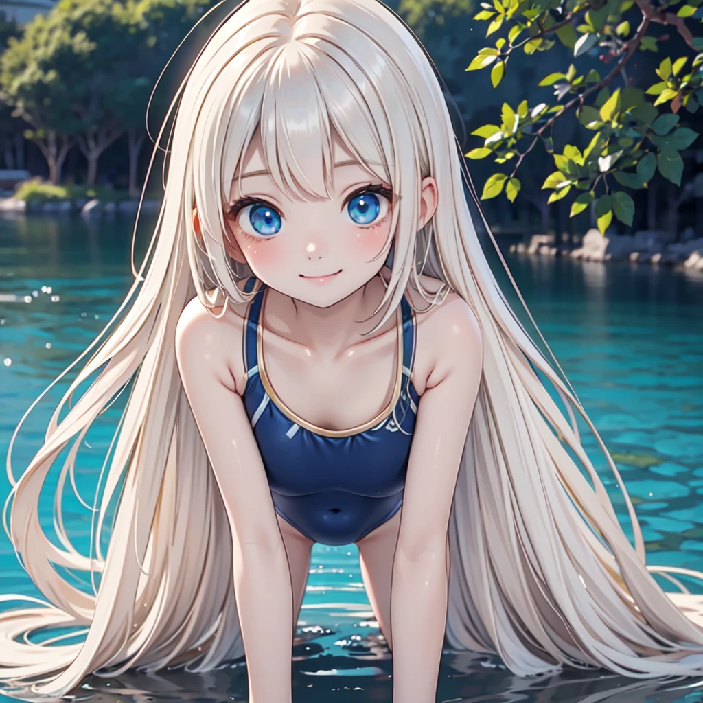 Highest quality。High resolution。Super detailed。European woman in her late 20s。Anime style illustrations。Short and young々New Appearance、Fair skin。Short and young々New Appearance、Long bright golden white hair、Big Blue Eyes。Delicate and slender figure。Modest chest、A light smile、Shy、(One piece swimsuit)、(On a beautiful lake、Beautiful sky)、(On all fours)、(Modest chest、Medium Hips)、sitting、From the back、