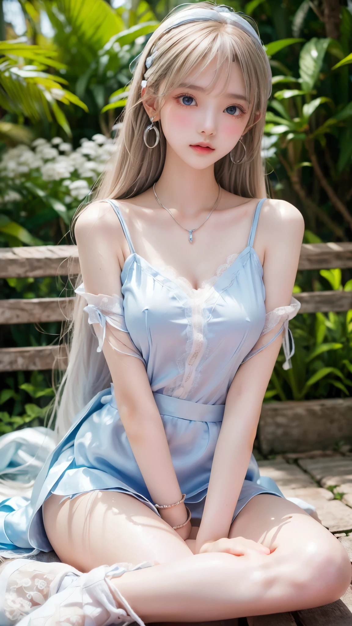 ((sfw: 1.4)), ( Beautiful white glowing skin, incomparable beauty, bright, fresh, gentle expression, perfect beautiful cute face, shiny platinum blonde silk super long straight hair, beautiful shiny bangs, eyeliner, big clear sky blue eyes,, earrings), (sfw, She is wearing a long white embroidered skirt, a red blouse with lace, a white apron tied around her waist, blue socks, and brown leather shoes. A blue scarf is on her head. Yes, her accessories include necklaces, earrings, and bracelets. 1 Girl)), Ultra High Resolution, (Realistic: 1.4), RAW Photo, Best Quality, (Photorealistic Stick), Focus, Soft Light, (()), (( (young face))), (surface), (depth of field), masterpiece, (realistic), woman, bangs, ((1 girl)),